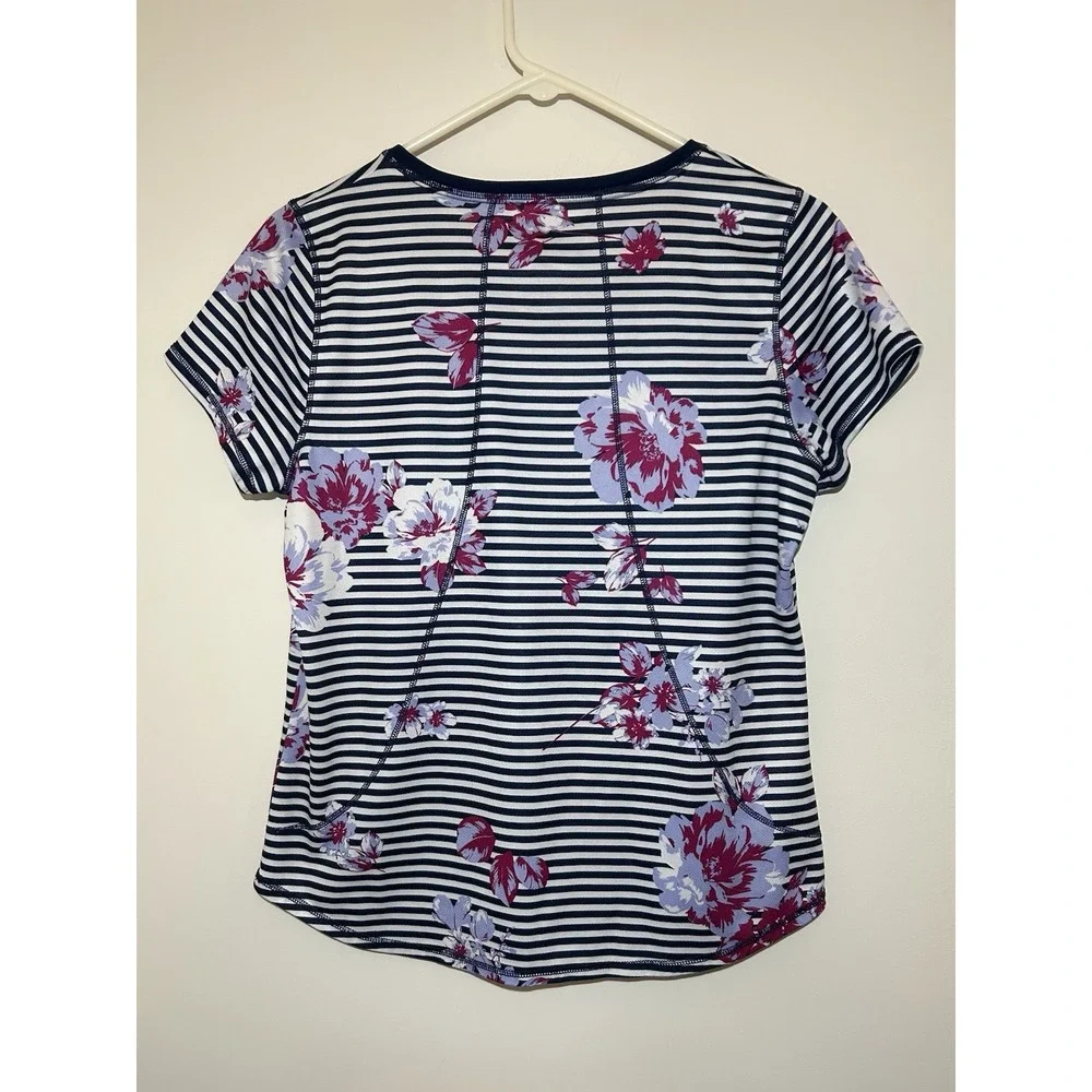 St John's Bay Active Navy Floral Stripe Short Sleeve Top Pullover Women's M
